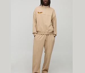 Men's Beige Quarter-<b>Zip</b> 100% Cotton Embroidered Sweatshirt and Jogger Set with Front Logo Print Casual Winter Wear - Product Image 1