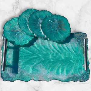 ถาดเรซิ่นอีพ็อกซี่สีเขียวทะเลทำมือพร้อมชุดจานรองแก้ว - Product Image 5