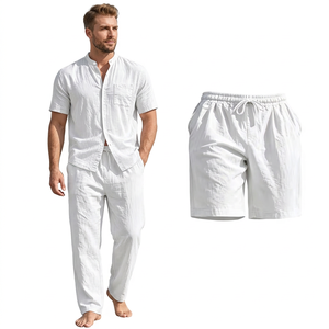 Ensemble de pyjama pour homme en coton blanc tricoté 140g, chemise à manches courtes et pantalon long, respirant, couleur unie, décontracté, pour l'été, coupe ample - Product Image 1
