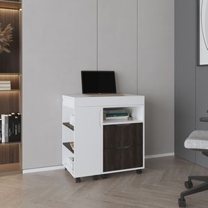 Scrivania per Computer Espandibile San Diego da 54 Pollici con Due Cassetti e Sette Ripiani con Ruote in Bianco Noce Scuro - Product Image 1