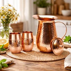 Copper jug set for premium customer attraction product <b>water</b> serving metal set with <b>glasses</b> durable reusable kitchen drinkware - Product Image 1