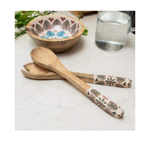 Good Quality Eco-Friendly Wooden Serving Spoon With Floral Handle Dishwasher Safe Dinner <b>table</b> Flatware 2 Pieces Set - Product Image 1
