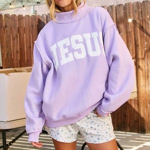 Jesus Custom Streetwear <b>Mock</b> <b>Neck</b> Crew <b>Neck</b> Cotton Fleece Sweatshirt Chenille Letter Embroidered Pullover - Product Image 2