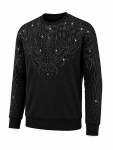 Sweat-shirt pour homme avec strass, col rond, coupe classique, noir, tricoté, pull-over, écologique, respirant, avec poche, style streetwear, décontracté - Product Image 1