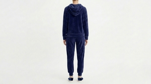 Ensemble de survêtement décontracté pour femme en velours bleu marine avec capuche, sweat-shirt et pantalon pleine longueur, couleur unie, pour l'automne - Product Image 2