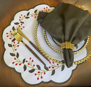 Embroidered Holy Christmas Design Round <b>Placemat</b>& Napkin Set Green Scallop Border White Cotton Mats for Home Restaurants Events - Product Image 2