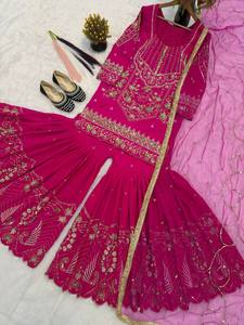 TENNECY New Designer Party Wear Sindoor Silk <b>Top</b> Sharara Plazzo Heavy Butterfly Net Dupatta Set-Wrinkle Free Reversible - Product Image 6