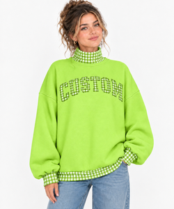 Sweat-shirt surdimensionné à col montant pour femme, motif à carreaux gingham brodé, pull en polaire rose, fabricant de streetwear personnalisé OEM - Product Image 1