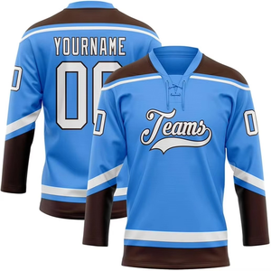 Maillot de hockey sur glace pour homme, bleu, blanc, orange, imprimé par transfert thermique, broderie 3D, évacuation de l'humidité, manches courtes, col baseball - Product Image 3