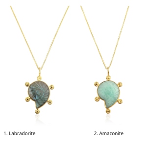 Pendentif Coquillage Sculpté en Laiton Plaqué Or 18 carats avec Pierres Naturelles Labradorite et Amazonite, Anti-ternissement, Bijou Tendance le Plus Vendu - Product Image 1