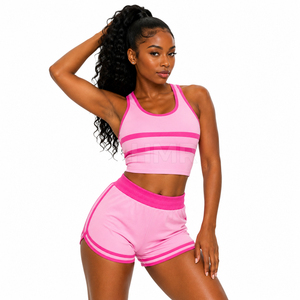 Ensemble sportif 2 pièces rayé rose HMR Sorority Sisterhood, haut court sans manches et short en tricot, style sportif printemps-été - Product Image 1