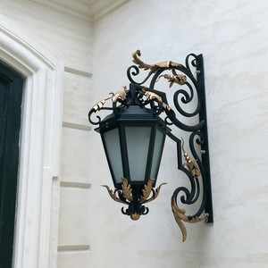 Traditional <b>Iron</b> Design Wall Lamp Gold Accents Glass Shade E26 Bulb Base Outdoor LED Lighting Custom Base 3500K Warm - Product Image 3