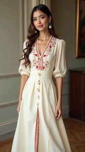 Vestido Maxi Of-White con Cuello en V y Botones, Bordado Floral Rojo, Mangas Abullonadas Delicadas, Vestido de Fiesta Elegante para la Noche - Product Image 2