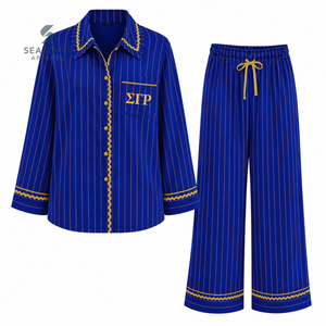 Sigma Gamma Rho Women's Striped Pajama Set Button Front Long Sleeve Sleepwear Contrast Trim Lounge <b>PJs</b> With Drawstring Pants - Product Image 1