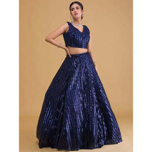 Lehenga Choli Azul Marino con Lentejuelas y Tela de Red para Recepciones, con Dupatta para Bodas - Product Image 6