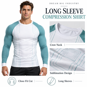 Custom <b>Mens</b> <b>White</b> Teal Raglan <b>Long</b> <b>Sleeve</b> Compression Shirt Crewneck Slim Gym Training Rash Guard Athletic Sportswear Base Layer - Product Image 1