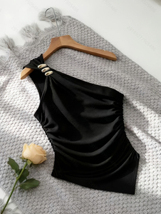 Top Halter Negro de Seda para Mujer, Color Sólido, Elegante, Sin Mangas, con Detalle de Botones - Product Image 6