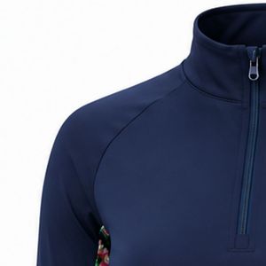 Manufacturer <b>Navy</b> Blue <b>Women</b> Quarter Zip Athletic Pullover Shirt Floral Sleeve Panel Long Sleeve Fitness Riding Sportswear <b>Top</b> - Product Image 3