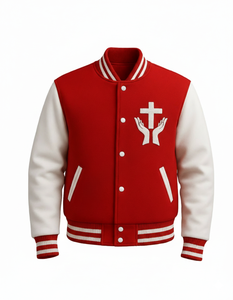 Chaqueta Universitaria Unisex con Cruz y Manos en Oración, Estilo Letterman, Personalizable, Impermeable y Ecológica - Product Image 1