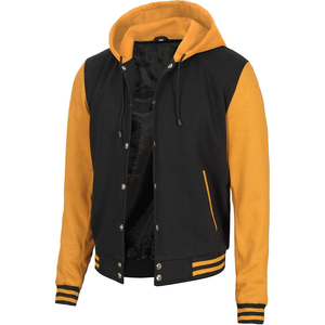 <b>Men's</b> Black And Mustard Varsity <b>Jacket</b> Hooded Button Closure Casual Style Autumn Wear Regular Fit Satin Lining - Product Image 2
