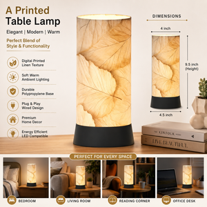 Modern Off-White Leaf Printed LED Table Lamp Linen Shade | <b>Decorative</b> Bedside Night Lamp | Warm Ambient <b>Light</b> for Living Room - Product Image 4