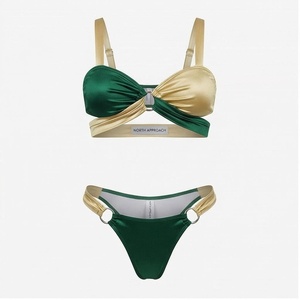 North Approach Ensemble de bikini femme vert et or à blocs de couleur, haut bandeau et bas string, avec bordure contrastante, maillot de bain extensible - Product Image 1