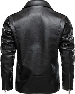 <b>Men</b>’s Black Leather <b>Biker</b> <b>Jacket</b> with Asymmetrical Zip, Lapel Collar, Chest Pocket and Modern Slim Fit - Product Image 2