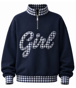 Sudadera Azul Marino de Mujer con Media Cremallera, Cuello y Puños a Cuadros, Diseño Bordado 'Girl', Estilo Casual de Otoño con Apliques - Product Image 1