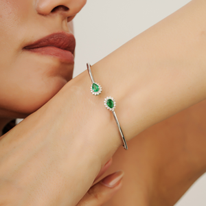 Premium Pure 925 Sterling <b>Silver</b> 100% Genuine Emerald Gemstone & Diamond Handmade Open <b>Cuff</b> Bangle Fine Jewelry - Product Image 2