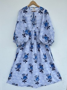 Vestido Maxi de Algodón con Estampado Floral Azul y Blanco para Mujer, Manga 3/4, Cuello con Lazo, Estilo Boho, para Verano, Festividades, Picnic y Vacaciones, Corte Holgado - Product Image 1