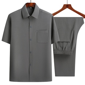 Men's Solid Plus Size Short Sleeve Shirt And Pants <b>Set</b> Casual Summer Wear Gray <b>Knitted</b> Cotton Fabric - Product Image 1