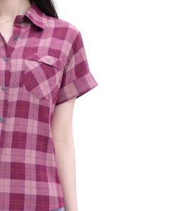 <b>Rose</b> Pink And Burgundy Plaid Womens Short Sleeve Button Up Shirt Casual Summer Lightweight Breathable Checkered <b>Top</b> With Pocket - Product Image 3
