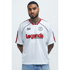 T-shirt en maille blanche surdimensionné pour homme Legends, col en V, manches courtes, style streetwear, jersey imprimé - Product Image 1