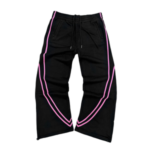 Pantalon de survêtement noir pour homme à jambe large avec bandes latérales roses, taille élastique et cordon de serrage, décontracté, tricoté mi-lourd pour l'automne - Product Image 3