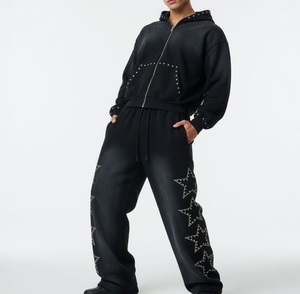 Survêtement d'hiver personnalisé OEM avec strass, délavé à l'acide, style vintage, coupe ample évasée, avec fermeture éclair - Product Image 1
