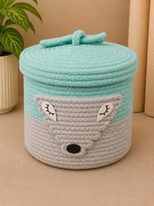 Safari Jungle <b>Animals</b> Jeep Woven Cotton Rope <b>Basket</b> with Lid Long Handles Kids Carry Bag Toy Storage Artistry By PR India - Product Image 5