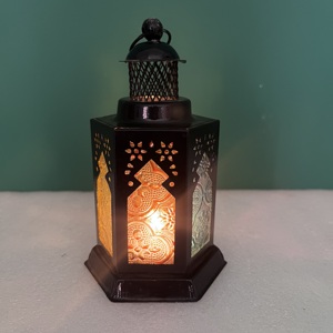 Mini Decorative Iron and colour glass <b>Lantern</b> with <b>Black</b> Finish Home Decoration - Product Image 1
