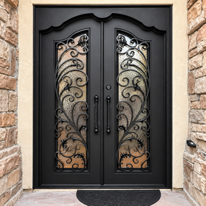 Puertas de Entrada Dobles de Hierro Forjado Personalizadas con Vidrio, Puertas de Seguridad de Lujo para Villas y Casas Residenciales - Product Image 2