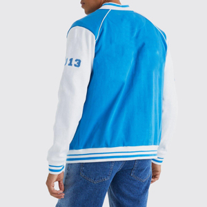 Men's Blue White Color Block Varsity Jacket Preppy Style <b>Covered</b> <b>Button</b> Closure Embroidered Front Stand Regular Fit Winter Wear - Product Image 2