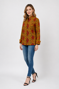 Veste matelassée 100 % coton pour femme, imprimé floral moutarde, épaisse, pour l'automne et l'hiver, faite à la main en Inde, décontractée, boutonnée, réversible - Product Image 2