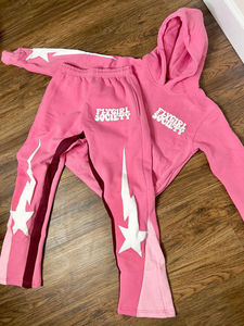 Custom Women <b>Pink</b> Cropped Hoodie Flare Pants <b>Tracksuit</b> Cotton Fleece Two Piece Streetwear Casual Fashion Apparel <b>Set</b> - Product Image 4