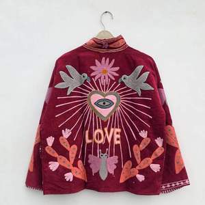 <b>Women's</b> Suzani Embroidered <b>Velvet</b> Quilted <b>Jacket</b> Mandarin Collar Full Sleeves Cotton Floral Winter Fashion Outerwear - Product Image 2