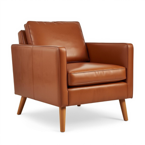 Sillón de Cuero Color Coñac de Estilo Moderno de Mediados de Siglo, Patas Cónicas de Madera Maciza, Elegante Sillón para Sala de Estar - Product Image 1