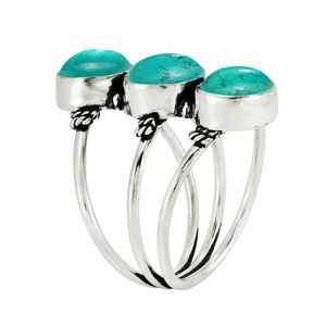 Bague GOURIK en argent sterling 925 avec trois pierres précieuses turquoise, sertie en clos, style bohème vintage, plaqué oxydé, unisexe, pour tous les jours - Product Image 3