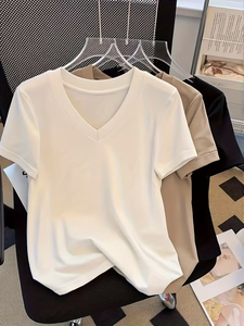 Camiseta de Manga Corta con Cuello en V para Mujer, Color Sólido, Corte Holgado, Informal, Transpirable, de Algodón Jersey, para Todas las Temporadas - Product Image 5
