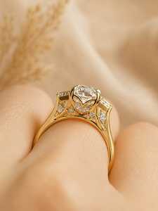 Anillo de Tres Piedras con Diamante Cultivado en Laboratorio de Corte Cojín Alargado de 5ct, Galería Floral, Oro Sólido de 10K, 14K, 18K, Joyería Fina, Certificado IGI - Product Image 5