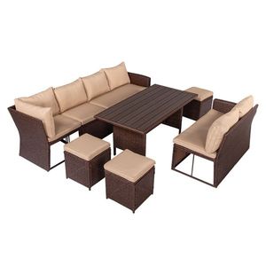 8-Piece Brown Wood Grain Outdoor Rattan Dining Set with Khaki Cushions & Plastic Wood Surface Garden Furniture - Product Image 3