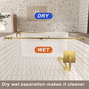 Frameless 60\"W X 60\"H Tempered Glass Shower Door <b>Explosion</b>-Proof Film Brushed Gold Stainless Steel Handle 1/4\" (6mm) Clear - Product Image 6