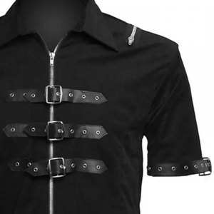 Chemise noire gothique pour homme sur mesure, manches courtes, style punk rock, fermeture éclair sur le devant, sangle à boucle, chemises en denim de coton pour homme - Product Image 4