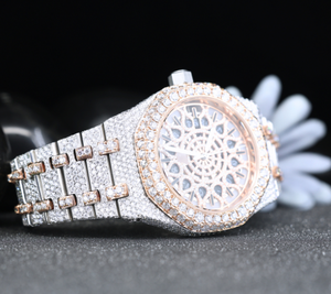 Montre squelette de luxe sertie de diamants – Cadran or rose, montre-bracelet pour homme en acier inoxydable style hip-hop - Product Image 4